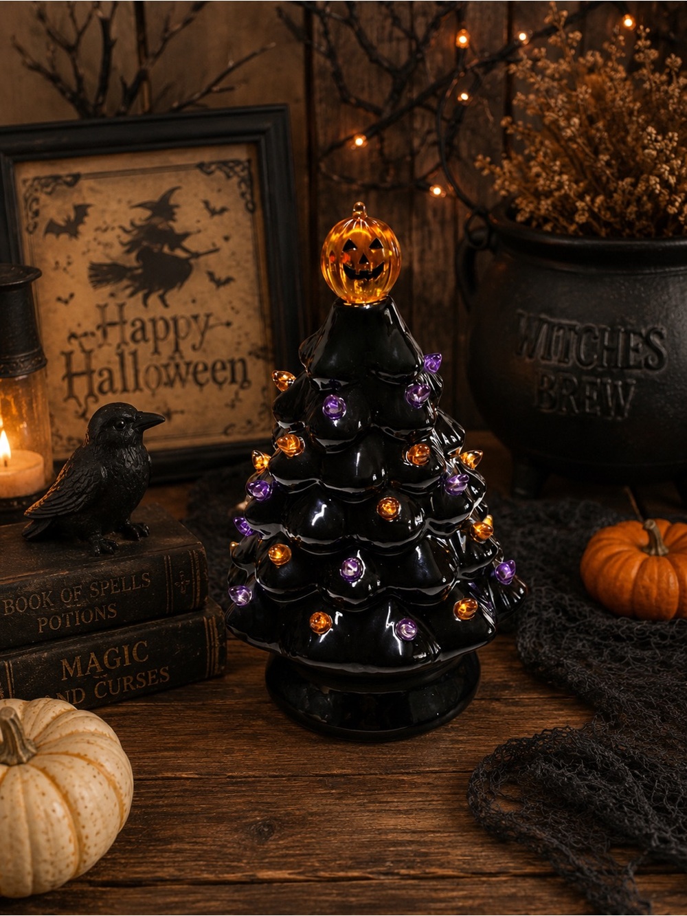 Huntington Home Harvest 7" Halloween Ceramic Black Tree LEDLights Pumpkin Topper